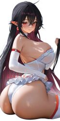 1girl artist_name ass ass_focus bare_shoulders black_hair blush breasts bridal_gauntlets chokopaii closed_mouth commentary commission crossed_bangs dark-skinned_female dark_elf dark_skin earrings elf frilled_leotard frills hair_between_eyes highres huge_ass jewelry large_breasts leotard long_hair looking_at_viewer original pointy_ears red_eyes simple_background sitting skindentation smile solo thighs very_long_hair white_background white_bridal_gauntlets white_leotard