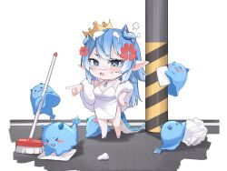 &gt;_&lt; 1girl :3 =_= absurdres anger_vein blue_eyes blue_hair blue_horns blush blush_stickers chibi chinese_commentary cleaning cleaning_rag closed_eyes closed_mouth coat commentary_request crown crystal_horns dragon_girl dragon_horns dragon_tail dress exitus eyelashes hand_on_own_hip highres horns midori_fufu open_clothes open_coat open_mouth paroniie_(vtuber) pointing pointy_ears pole shaving_cream simple_background smile standing sweeping tail teeth upper_teeth_only virtual_youtuber white_background white_coat white_dress