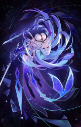 1girl absurdres arched_back breasts dress dual_wielding ermu_(enmmm) floating_hair full_body genshin_impact hair_ornament high_heels highres holding holding_sword holding_weapon large_breasts long_hair looking_at_viewer pink_eyes prosthesis prosthetic_arm prosthetic_leg skirk_(genshin_impact) solo sword upside-down weapon white_dress white_hair