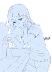 Rule 34 | 1girl, adjusting hair, bare arms, blue theme, check copyright, copyright request, cowboy shot, dated, dot nose, exhausted, eyelashes, highres, leaning forward, light blush, long hair, looking at viewer, monochrome, open mouth, original, pump, shirt, short sleeves, shorts, simple background, sink, solo, sportswear, standing, straight hair, sweat, t-shirt, tsurime, twitter username, unasaka ryou, water, wet, white background