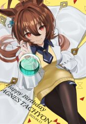 Rule 34 | 1girl, agnes tachyon (umamusume), ahoge, animal ears, blue necktie, blue shirt, brown hair, brown pantyhose, brown tail, buttons, character name, closed mouth, collared shirt, commentary, dated, earrings, flask, hair between eyes, happy birthday, highres, holding, holding flask, horse ears, horse girl, horse tail, jewelry, looking at viewer, medium hair, necktie, pantyhose, partially unzipped, red eyes, riko (ri cotta c), round-bottom flask, shirt, short necktie, sidelocks, single earring, sitting, sleeves past fingers, sleeves past wrists, smile, solo, sweater vest, tail, test tube, umamusume, very long sleeves, wide sleeves, yellow background, yellow sweater vest, zipper, zipper pull tab