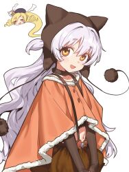 Rule 34 | 1girl, animal ears, beanie, ebora, fake animal ears, hat, highres, long hair, looking at viewer, magical girl, mahou shoujo madoka magica, mahou shoujo madoka magica: hangyaku no monogatari, momoe nagisa, navel, pom pom (clothes), role reversal, solo focus, tomoe mami, very long hair, white background