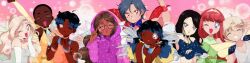 1990s_(style) 6+girls ^_^ ahoge annoyed arm_up bad_id bad_twitter_id bare_shoulders bishoujo_senshi_sailor_moon black_hair blonde_hair blue_arm_warmers blue_cape blue_eyes blue_shirt blue_wings bra bracelet bracer breasts brown_eyes brown_hair bubble cape choker cleavage closed_eyes collared_shirt commentary commission crop_top dark-skinned_female dark_skin dot_nose double_finger_gun dress earrings english_commentary english_text eyelashes eyeshadow face_piercing fairy fairy_wings fake_screenshot faux_retro_artstyle finger_gun finger_to_eyewear glasses glitter gold_tiara green_dress green_wings grey_eyes grey_hair grin hair_between_eyes hair_bun hair_through_headwear hand_on_own_cheek hand_on_own_face happy heads_together heart heart_earrings highres honeymoonpetal hood hood_up hoodie jewelry lace lace_bra light_blush lip_piercing long_hair long_sleeves looking_at_viewer magical_girl makeup midriff multiple_girls muscular muscular_female one_eye_closed open_mouth orange_choker orange_dress original parody piercing pink_background purple_hoodie red_wings retro_artstyle round_eyewear shirt short_hair single_earring single_hair_bun sleeveless sleeveless_dress sleeveless_shirt smile sparkle strapless strapless_dress style_parody tareme tiara tsurime underwear upper_body very_dark_skin very_long_hair very_short_hair wavy_hair white_arm_warmers wings winx_club yellow_arm_warmers yellow_choker yellow_dress yellow_eyeshadow yellow_wings