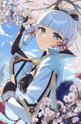 1girl absurdres aqua_eyes aqua_hair armor ayaka_(genshin_impact) blue_sky blunt_bangs blunt_sidelocks blunt_tresses blush breasts bridal_gauntlets cherry_blossoms cloud genshin_impact hair_ornament highres long_hair long_sleeves looking_at_viewer medium_breasts parted_lips sidelocks sky smile solo tsukimori_mochi