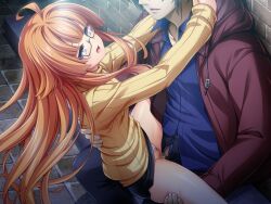 1boy 1girl :d ahoge amakubo_yuri black-framed_eyewear black_pants black_skirt blue_eyes blue_shirt blush brick_floor brick_wall censored clothes_lift clothing_aside collared_shirt dress_shirt floating_hair game_cg glasses green-framed_eyewear hair_between_eyes hetero hood hood_down hooded_jacket inoino jacket kouyoku_senki_exs-tia large_variant_set long_hair long_sleeves miniskirt mosaic_censoring non-web_source official_art open_clothes open_fly open_jacket open_mouth orange_hair outdoors panties panties_aside pants penis penis_out pussy rectangular_eyewear red_jacket ribbed_sweater semi-rimless_eyewear sex shihou_souma shirt skirt skirt_lift smile sweater twintails under-rim_eyewear underwear vaginal variant_set very_long_hair white_panties wing_collar yellow_shirt yellow_sweater