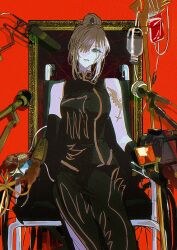 1girl aqua_eyes arm_tattoo blunt_bangs brown_hair chair china_dress chinese_clothes dress gloves hair_over_one_eye highres intravenous_drip mature_female microphone microphone_stand shiqian_(kadkykhbvk) short_hair sidelocks sitting solo tattoo umineko_no_naku_koro_ni ushiromiya_eva
