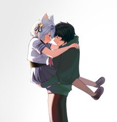 1boy 1girl absurdres animal_ear_fluff animal_ears bell black_hair black_pants black_undershirt blue_sailor_collar blush carrying carrying_person cat_ears cat_girl chin_rest filian_(vtuber) green_eyes green_hoodie hair_bell hair_ornament hairband half-closed_eyes hands_on_another&#039;s_shoulder hands_on_ass head_on_head head_rest height_difference highres hood hoodie indie_virtual_youtuber jingle_bell legs_up looking_at_another otjareniy pants purple_eyes sailor_collar sailor_shirt school_uniform serafuku shirt shoes short_hair short_sleeves simple_background skirt smile standing uwabaki vedal987 virtual_youtuber white_background white_hair