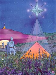 3boys alien bald belt blue_skin bush colored_skin flower foliage grass hand_up highres moebius multiple_boys night night_sky original outdoors pants plant scenery science_fiction sky standing star_(symbol) surreal ufo utility_belt wide_shot