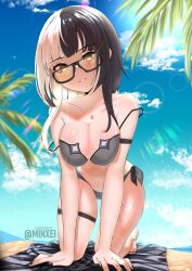 Rule 34 | 1girl, all fours, bikini, black hair, black nails, blue sky, breasts, commentary, day, english commentary, glasses, grey bikini, highres, hololive, hololive english, jewelry, large breasts, long hair, minxei, multicolored hair, nail polish, navel, outdoors, ring, shiori novella, sky, solo, split-color hair, swimsuit, tan, tanline, thigh strap, toenail polish, toenails, two-tone hair, virtual youtuber, white hair, yellow eyes