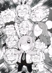 4girls 6+boys :3 agravain_(fate) anger_vein ariabosu armor artoria_pendragon_(fate) bedivere_(fate) bkub_(style) cape chibi chibi_only closed_eyes crown fate/grand_order fate_(series) fur-trimmed_cape fur_trim galahad_(fate) gareth_(fate) gawain_(fate) glasses greyscale hair_over_one_eye highres holding holding_back holding_sword holding_weapon jacket knights_of_the_round_table_(fate) lancelot_(fate/grand_order) long_hair mash_kyrielight monochrome mordred_(fate) multiple_boys multiple_girls necktie percival_(fate) saber_(fate) shirt short_hair skirt spiked_bat sword tristan_(fate) weapon