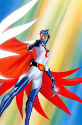 1970s_(style) 1boy alex_ross antennae belt blade bodysuit boots cape gatchaman gloves helmet highres holster insignia ken_the_eagle looking_at_viewer male_focus manly official_art official_style oldschool pointing pointing_at_viewer realistic retro_artstyle scan solo traditional_media visor watch white_bodysuit