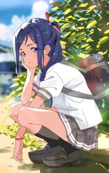 1girl absurdres bag black_socks blue_eyes blue_hair blue_sky blush bunbun_(midukikome) bush cloud commentary_request green_neckerchief grey_sailor_collar grey_skirt highres looking_at_viewer love_live! love_live!_sunshine!! matsuura_kanan neckerchief outdoors sailor_collar school_bag school_uniform shirt shoes skirt sky socks solo sparkle squatting summer_uniform sunlight uranohoshi_school_uniform white_shirt