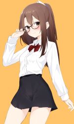 1girl bespectacled black-framed_eyewear black_skirt blush breasts brown_eyes brown_hair collared_shirt cowboy_shot glasses hair_between_eyes high_ponytail highres kantai_collection long_hair long_sleeves looking_at_viewer neckerchief pleated_skirt ponytail red_neckerchief shirt skirt small_breasts smile solo white_shirt yellow_background zarashi zuihou_(kancolle)