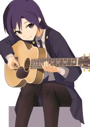 1girl absurdres black_pantyhose blue_hair blush brown_eyes ch2haya_p closed_mouth feet_out_of_frame guitar highres holding holding_guitar holding_instrument idolmaster idolmaster_(classic) idolmaster_million_live! idolmaster_million_live!_theater_days instrument jacket kisaragi_chihaya leaning_forward long_hair long_sleeves looking_at_viewer music necktie open_clothes open_jacket pantyhose playing_guitar playing_instrument pleated_skirt purple_jacket purple_necktie purple_skirt shirt simple_background sitting skirt smile solo striped_necktie white_background white_shirt
