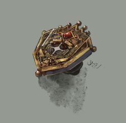 Rule 34 | commentary request, crown (symbol), gem, grey background, highres, no humans, object focus, object request, original, shadow, shield, signature, simple background, still life, yamabuki (haruirokerria)