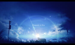 blue_sky blue_theme cloud cloudy_sky commentary_request crescent_moon day grand_piano grass highres instrument lens_flare moon nengoro no_humans original outdoors piano power_lines scenery sky sun utility_pole
