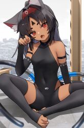 1girl absurdres animal_ear_fluff animal_ears black_hair black_thighhighs cable cable_tail cat_ears cat_girl commentary covered_navel dark-skinned_female dark_skin facial_mark fang forehead_mark full_body highres long_hair looking_at_viewer mechanical_tail multiple_tails nekomiya_mana open_mouth parted_bangs red_eyes sidelocks sitting solo stirrup_legwear tail thighhighs thomas_8000 toeless_legwear two_tails zenless_zone_zero