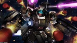 absurdres assault_visor battle beam_cannon blue_visor clenched_hands company_name contrail copyright_notice debris earth_federation_space_forces energy_beam explosion firing_at_viewer gundam gundam_battle_operation_2 highres jeddah_(mobile_suit) jeddah_cannon machinery mecha mecha_focus missile missile_pod mobile_suit moon_gundam open_hatch radio_antenna realistic robot scan science_fiction solo space sunrise_(company) tenjin_hidetaka traditional_media