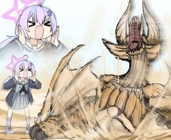 &gt;_&lt; 1girl absurdres ahoge blue_archive blue_eyes day desert diablos dragon grey_shirt grey_skirt hair_ornament halo highres horns long_hair long_sleeves monster_hunter_(series) multicolored_hair nubebenbe open_mouth outdoors pink_hair pink_halo pleated_skirt reisa_(blue_archive) sand screaming shirt skirt smile standing star_(symbol) star_hair_ornament star_halo two-tone_hair