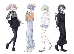alternate_costume arms_behind_back black_jacket black_pantyhose black_skirt blue_hair blue_pants blue_shorts bracelet_girls denim full_body green_hair group_picture high_ponytail highres hiiragi_yuzu jacket kurosaki_ruri long_hair long_skirt moseub126008 multicolored_jacket orange_sweater pants pantyhose pink_hair ponytail purple_hair rin_(yu-gi-oh!) serena_(yu-gi-oh!) shirt short_hair shorts simple_background skirt sweater twintails two-tone_jacket white_background white_jacket white_shirt yu-gi-oh! yu-gi-oh!_arc-v
