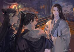 3boys aeferjam architecture armor breasts bridge brown_eyes brown_hair building cape chinese_clothes chu_wanning earrings east_asian_architecture erha_he_tadebai_mao_shizun flower fur-trimmed_cape fur_trim hair_flower hair_ornament hanfu high_ponytail highres jewelry lantern long_hair long_sleeves looking_at_another male_focus multiple_boys night open_mouth outdoors parted_lips ponytail shi_mei shoulder_armor smile teeth topknot upper_body upper_teeth_only water white_flower white_hanfu wide_sleeves xiao_guan_(headdress) xue_meng yellow_eyes