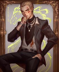 1boy absurdres bandages belt black_pants black_shirt bleeding blonde_hair blood blood_on_clothes blood_on_face blood_on_hands bluemist72 border bruise bruise_on_face chain chain_necklace collared_shirt commentary cuts danganronpa_(series) danganronpa_2:_goodbye_despair english_commentary freckles hand_in_pocket hand_wraps highres injury jacket jewelry kuzuryu_fuyuhiko long_sleeves male_focus necklace nosebleed open_clothes open_jacket open_shirt ornate_border pants pinstripe_jacket pinstripe_pattern popped_collar ring shirt short_hair sitting sleeves_rolled_up solo suit_jacket thumb_ring very_short_hair white_shirt yellow_eyes
