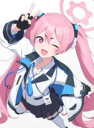 Rule 34 | 1girl, ;d, black gloves, black skirt, blue archive, blue necktie, blush stickers, collared shirt, commentary request, fang, fingerless gloves, gloves, halo, highres, id card, jacket, koyuki (blue archive), kunugi miyaco, lanyard, long hair, long sleeves, looking at viewer, necktie, one eye closed, open clothes, open jacket, open mouth, pink eyes, pink hair, pink halo, pleated skirt, shirt, simple background, skin fang, skirt, smile, solo, sparkling eyes, thighhighs, twintails, v, white background, white jacket, white shirt, white thighhighs, zettai ryouiki