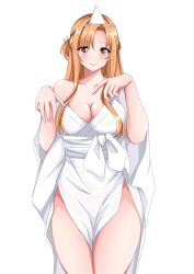 1girl absurdres asuna_(sao) bad_link blush braid breasts brown_eyes brown_hair cleavage closed_mouth collarbone cowboy_shot dress eyelashes ghost_costume half_up_braid halloween_costume hands_up highres large_breasts lips long_hair looking_at_viewer mukhbita249 off_shoulder sash simple_background single_bare_shoulder smile solo standing straight-on sword_art_online thighs transparent_background white_dress white_sash