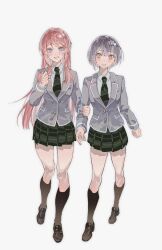 2girls absurdres bang_dream! bang_dream!_it&#039;s_mygo!!!!! black_shoes black_socks blue_eyes blush brown_eyes chihaya_anon collared_shirt full_body grabbing_another&#039;s_arm green_necktie green_skirt grey_hair grey_jacket haneoka_school_uniform highres inumi_(780956) jacket kneehighs loafers long_hair long_sleeves multiple_girls necktie open_mouth pink_hair plaid_clothes plaid_skirt pleated_skirt school_uniform shirt shoes short_hair simple_background skirt socks takamatsu_tomori twirling_hair white_background white_shirt