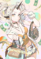 1girl animal_ears bag commission ear_piercing handbag horns money naku_(naku999ziye) navel original piercing shopping single_horn solo wrist_cuffs