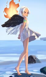 1girl arms_behind_back barefoot black_wings blood closed_mouth commentary_request dark-skinned_female dark_skin day dress earrings feathered_wings fire green_blood hamaeru highres jewelry long_hair ocean one_piece outdoors s-snake smile snake_earrings solo standing star-shaped_pupils star_(symbol) symbol-shaped_pupils tiptoes white_dress white_hair wings yellow_eyes