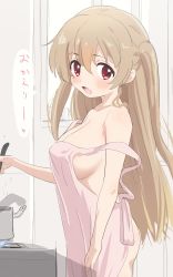 1girl :d apron ass blush breasts collarbone cooking covered_erect_nipples from_side hair_between_eyes highres kitchen ladle large_breasts light_brown_hair long_hair looking_at_viewer looking_to_the_side minagi_koharu musical_note naked_apron no_bra off_shoulder open_mouth pink_apron pot red_eyes shiny_skin sideboob sincos sketch slow_loop smile solo spoken_musical_note standing steam stove strap_slip translated two_side_up unfinished sketch_background window