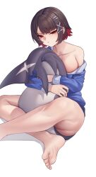 1girl :&lt; black_hair colored_inner_hair ellen_joe fins fish_tail hair_ornament hairclip highres holding_own_tail indian_style looking_at_viewer multicolored_hair mung_(larnec) pajamas red_eyes red_hair shark_tail short_hair simple_background single_off_shoulder sitting soles solo tail thighs white_background zenless_zone_zero