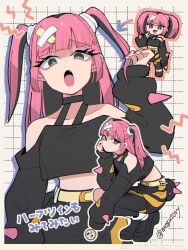 1girl arrow_(symbol) bandaid bandaid_hair_ornament belt black_choker black_hair black_shirt black_shoes black_skirt bright_pupils character-themed_food chibi chibi_inset choker closed_mouth colored_inner_hair commentary_request coral_(pokemon) crop_top crossed_bandaids drop_shadow eyeliner fang fingernails gen_7_pokemon grey_eyes hair_ornament hand_up highres loafers long_fingernails long_hair long_sleeves looking_at_viewer makeup midriff mogutory multicolored_hair multiple_views nail_polish nintendo off-shoulder_shirt off_shoulder open_mouth pink_eyeliner pink_hair pink_nails pokemon pokemon_(anime) pokemon_horizons puffy_long_sleeves puffy_sleeves rowlet shirt shoes signature skirt sleeves_past_fingers sleeves_past_wrists spikes squatting tongue translation_request twintails twitter_username two-tone_hair v white_pupils yellow_belt