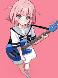 Rule 34 | 1girl, amamiyayk, black bow, blue eyes, blunt bangs, blush, bocchi the rock!, bow, brooch, dress, electric guitar, gotoh futari, guitar, highres, instrument, jewelry, looking at viewer, open mouth, pink background, pink hair, sailor collar, short hair, short sleeves, simple background, smile, socks, solo, star brooch, two side up, white dress, white sailor collar, white socks