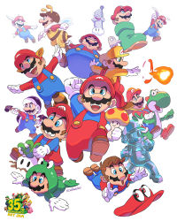 6+boys animal_ears bee_mario blue_eyes brown_hair cape_mario cappy_(mario) facial_hair fire fire_mario flying food frog_mario gloves grin hammer hammer_mario hat helmet highres jump kuribo&#039;s_shoe mario mario_(series) metal_mario multiple_boys mustache nintendo open_mouth rabbit_ears rabbit_mario raccoon_mario raccoon_tail smile statue super_mario_64 super_mario_bros._1 super_mario_bros._2 super_mario_bros._3 super_mario_galaxy super_mario_land_2 super_mario_odyssey super_mario_world super_mushroom tail tanooki_mario tanuki vegetable wing_cap wing_mario wings yoshi