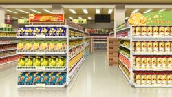 box cardboard_box ceiling_light chips_(food) english_text food grocery_store highres indoors monitor no_humans non-web_source official_art our_life:_beginnings_and_always popcorn reflective_floor shelf shop sign snack stocking_shelves tile_floor tiles