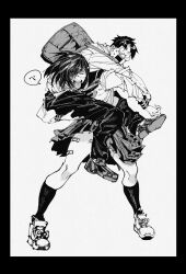 1boy 1girl bag bandaid_on_thigh black_border border carrying carrying_person hachinuki_tetsuyo highres jimiko jitome long_legs mob_face moire open_mouth original pleated_skirt round_eyewear school_bag school_uniform serafuku she_(hachinuki_tetsuyo) shibamae_(hachinuki_tetsuyo) skirt socks tongue tongue_out white_background