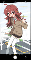 1girl absurdres blush brown_skirt brown_sweater fake_phone_screenshot fake_screenshot hair_flaps highres idolmaster idolmaster_shiny_colors komiya_kaho long_hair miniskirt on_railing railing red_eyes red_hair saku_p school_uniform shirt skirt smile solo sweater thighhighs very_long_hair viewfinder w white_shirt white_thighhighs