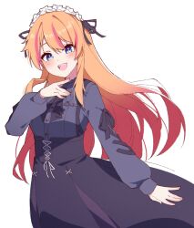 1girl black_bow black_neckerchief black_shirt black_skirt blue_eyes blush bow corset cowboy_shot cross-shaped_pupils hair_ribbon hand_on_own_chest highres long_hair long_sleeves looking_at_viewer maid_headdress multicolored_hair neckerchief open_mouth orange_hair pink_hair reject_(esports) ribbon rosec_pin seion shirt sidelocks simple_background skirt smile solo streaked_hair symbol-shaped_pupils two-tone_hair virtual_youtuber white_background