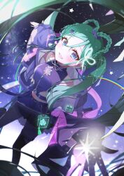 Rule 34 | 1girl, absurdres, aqua hair, asymmetrical legwear, blue eyes, blue jacket, blush, braid, breasts, crop top, hair between eyes, hair ornament, hatsune miku, highres, jacket, long hair, long sleeves, looking at viewer, looking up, magical mirai (vocaloid), magical mirai miku, magical mirai miku (2025), medium breasts, midriff, navel, open clothes, open jacket, open mouth, ria art, skirt, sky, smile, solo, star (sky), star (symbol), star hair ornament, starry sky, twin braids, twintails, very long hair, vocaloid