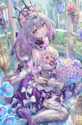 1girl absurdres bare_shoulders black_tiara bouquet breasts bug butterfly butterfly_earrings castorice_(honkai:_star_rail) commentary_request dress earrings flower garter_straps gloves hair_flower hair_ornament high_heels highres holding holding_bouquet honkai:_star_rail honkai_(series) insect jewelry large_breasts legwear_cutout light_blush long_hair looking_at_viewer parted_lips pink_flower pointy_ears purple_butterfly purple_eyes purple_gloves purple_hair purple_pupils sitting solo thighhighs thighs tiara torino_aqua very_long_hair wariza white_dress white_garter_straps white_thighhighs
