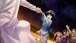 2boys 3girls akiha_rumiho animal_ear_hairband animal_ears aqua_eyes arm_up belt belt_buckle beret black_hair black_hairband blue_eyes blue_kimono blue_pants blush bob_cut breasts brown_hair brown_pants buckle cat_ears cheering clenched_hand clenched_teeth coat dragging drill_hair dutch_angle fake_animal_ears fat fat_man floating_clothes floral_print floral_print_kimono food_stand game_cg green_shirt hair_between_eyes hairband hakama hand_grab hand_up happy hashida_itaru hat highres huke japanese_clothes kimono lab_coat lantern leather_belt long_hair long_sleeves makise_kurisu market_stall medium_hair midriff multiple_boys multiple_girls navel non-web_source obi official_art okabe_rintarou one_eye_closed open_mouth pants pink_eyes pink_hair pink_kimono print_kimono purple_eyes purple_kimono red_belt ringed_eyes sash shiina_mayuri shirt small_breasts square_pupils standing steins;gate steins;gate:_my_darling&#039;s_embrace summer_festival t-shirt tareme teeth tongue tsurime twin_drills twintails waist_sash white_coat yellow_hat yukata