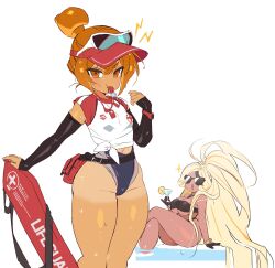 Rule 34 | 2girls, :d, alternate costume, arm support, bare arms, bare legs, bare shoulders, belt, bikini, black-framed eyewear, black belt, black gloves, blonde hair, blowing whistle, bracelet, breasts, brown bikini, cookie run, cookie run: ovenbreak, croissant cookie, crossed legs, cup, dark-skinned female, dark skin, dual persona, elbow gloves, feet out of frame, fingerless gloves, food, food-themed hair, fruit, glass, gloves, goggles, goggles on headwear, gold bracelet, hair bun, half gloves, halterneck, hand up, hat, high ponytail, highleg, highleg one-piece swimsuit, highres, holding, holding cup, humanization, jewelry, lanyard, large breasts, lemon, lemon slice, long hair, looking at viewer, mouth hold, multiple girls, ohta guk hip, one-piece swimsuit, open mouth, orange eyes, orange hair, parted bangs, pear-shaped figure, ponytail, protected link, raglan sleeves, red bag, red hat, red shirt, shirt, short hair, short sleeves, single hair bun, sitting, small breasts, smile, standing, sunglasses, sweat, swimsuit, tan, tanline, timekeeper cookie, two-tone shirt, very long hair, visor cap, water, whistle, white-framed eyewear, white shirt, wide hips