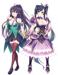 Rule 34 | 2girls, armor, armored dress, bare shoulders, black shoes, black thighhighs, blush, breasts, cleavage, cosplay, costume switch, crossover, date a live, detached collar, detached sleeves, dress, full body, hair ribbon, hao hao lao gong, kan&#039;u (koihime musou), kan&#039;u (koihime musou) (cosplay), koihime musou, long hair, looking at viewer, medium breasts, multiple girls, open mouth, pleated skirt, ponytail, purple eyes, purple hair, ribbon, shoes, shoulder armor, skirt, smile, thighhighs, very long hair, white background, yatogami tohka, yatogami tohka (cosplay), yellow eyes