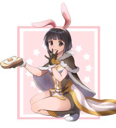 1girl :q animal_ears black_eyes black_hair bob_cut boots bread bread_slice breasts brown_boots brown_cape brown_dress brown_gloves cape cleavage closed_mouth commentary_request dress fake_animal_ears food fried_egg fried_egg_on_toast full_body fur-trimmed_cape fur-trimmed_gloves fur_trim gloves hairband high_wizard_(ragnarok_online) hohohoi holding holding_food layered_dress looking_at_viewer medium_breasts multicolored_boots pink_background pink_hairband rabbit_ears ragnarok_online ragnarok_origin short_dress short_hair smile solo squatting star_(symbol) toast tongue tongue_out two-tone_boots two-tone_dress white_background white_boots white_dress