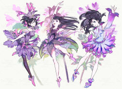 3girls artist_name black_hair black_pantyhose blue_eyes commentary dancing dress flower full_body looking_at_viewer multiple_girls nail_polish one_eye_closed original pantyhose pink_nails pink_shoes purple_dress purple_eyes purple_flower purple_leaves red_nails shoes signature tiptoes umishima_senbon watermark watermark_grid