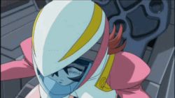 00s animated animated_gif aoi_anna bouncing_breasts breasts covered_erect_nipples helmet large_breasts lowres mecha pilot robot shinkon_gattai_godannar!!