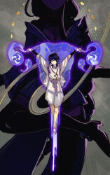 1boy 1girl absurdres armor arms_up barefoot black_shrug black_thighhighs blunt_ends bow breasts cleavage closed_mouth clothing_cutout collarbone crucifixion electro_symbol_(genshin_impact) expressionless fallopian_tubes feathers genshin_impact half_lotus_position highres japanese_armor japanese_clothes kariginu kimono kimono_skirt kote kurokote layered_sleeves leg_over_thigh long_hair looking_at_viewer low-braided_long_hair low-tied_long_hair mitsudomoe_(shape) momogourami mother_and_son outstretched_arms ovaries partially_shaded_face pelvic_curtain pom_pom_(clothes) puffy_shorts purple_bow purple_eyes purple_hair purple_kimono purple_sash purple_sleeves raiden_shogun sash scaramouche_(genshin_impact) scaramouche_(kabukimono)_(genshin_impact) shorts shoulder_cutout shrug_(clothing) single_sidelock single_sode spread_arms string tasuki thighhighs three-quarter_sleeves tomoe_(symbol) uterus very_long_hair white_shorts white_sleeves wide_sleeves wispy_bangs yellow_feathers