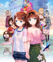 6+girls ahoge banako_(yumeutsutsu) black_boots black_headband black_necktie blonde_hair blue_eyes blue_flower blue_shirt blue_shorts boots breasts brown_hair building closed_mouth collarbone collared_shirt daigo_honoka dog dress dress_shirt flower fuzichoco glasses green_eyes green_skirt grey_hair grey_hat grey_jacket grey_skirt hair_ornament hairclip hat headband headphones highres holding holding_hands holding_phone jacket key_visual lace-up_boots large_breasts lily_(flower) long_hair long_sleeves low_twintails maid majo_(yumeutsutsu) marie_mahler medium_breasts miniskirt mugendou_saki multiple_girls necktie nie_(yumeutsutsu) official_art ohtori_ai pencil_skirt phone pink_flower pink_shirt pleated_skirt police police_uniform policewoman ponytail promotional_art purple_eyes purple_flower purple_rose red_dress red_eyes red_jacket red_socks reflection reflective_water ripples rose shirt short_hair short_sleeves shorts siblings sisters skirt smile socks split_mouth standing straight_hair tachibana_nana_(yumeutsutsu) tongue tongue_out track_jacket twins twintails underbust white_shirt yanagiya_kokoro yellow_flower yumeutsutsu_re:master